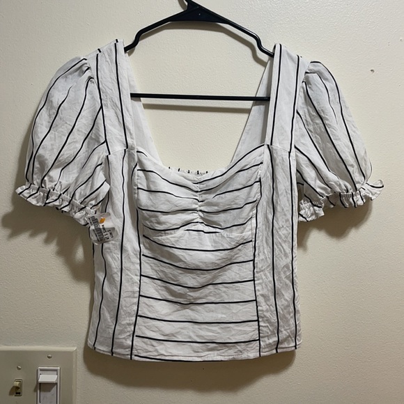 E.ssue White & Black Striped Puff Sleeve Square Neck Ruched Front Blouse Small - Picture 4 of 13